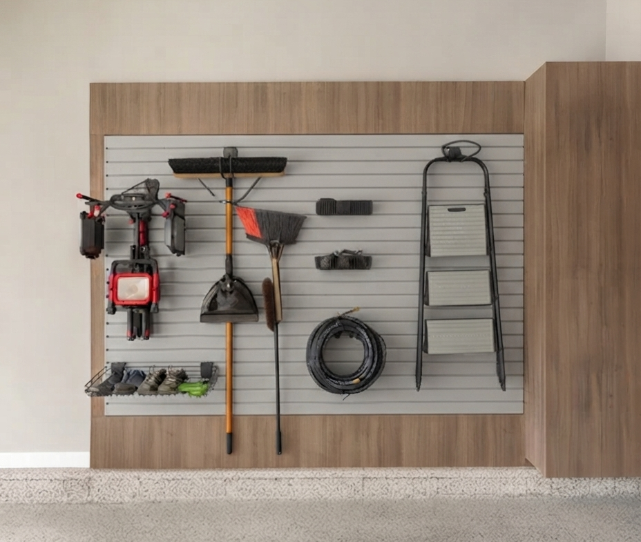A garage handiwall organizer with a light gray slatboard mounted on a wood panel, holding various tools including a drill, squeegee, broom, ladder, and hose.